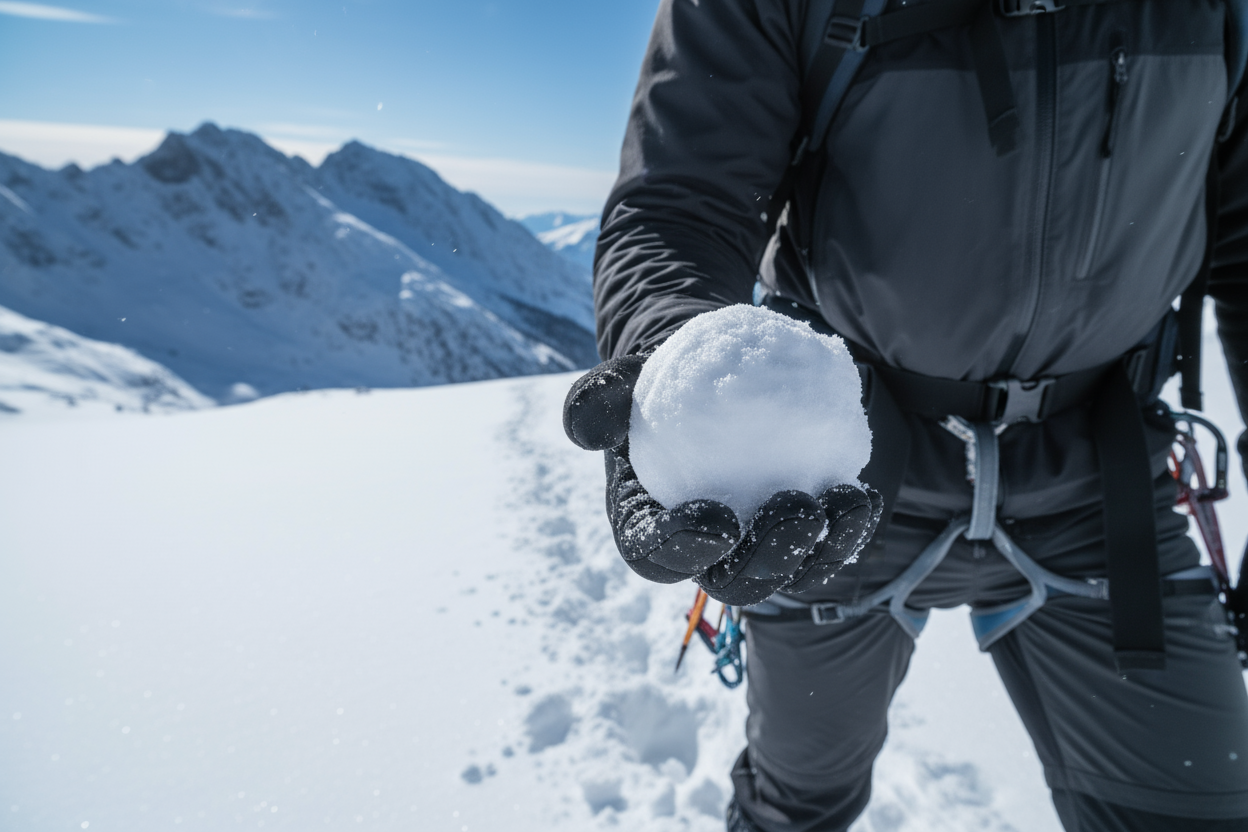 mann auf berg gehen mit handschuhe im winter hat ein schneball in der hand handschuhe dünn scharz